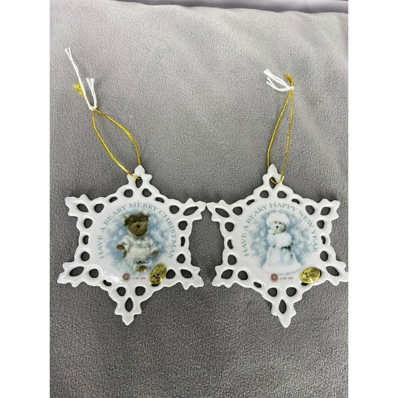 Giftco Inc Vintage Boyds Bears White Ceramic Snowflake Christmas Ornament Set Of - Picture 4 of 8